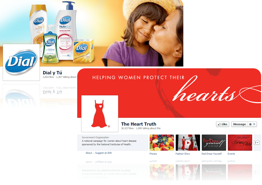 Top: Henkel/ Dial soap’s Facebook page in Spanish for Dial. Bottom: The National Institutes of Health’s campaign for women.