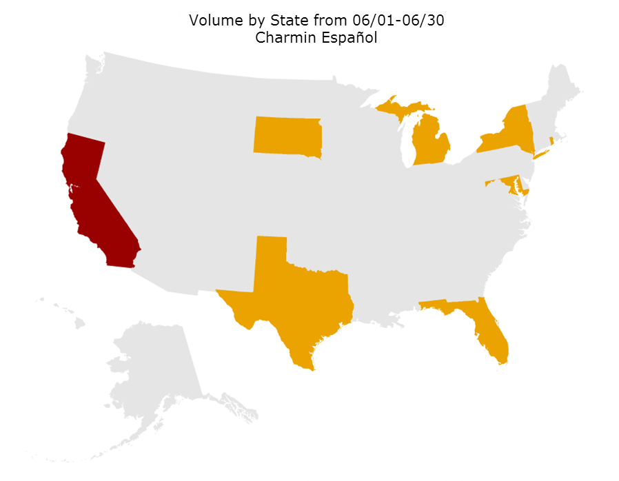The map displays the states that led in Hispanic conversation about Charmin. California was top while Texas, Florida and others were not far behind.